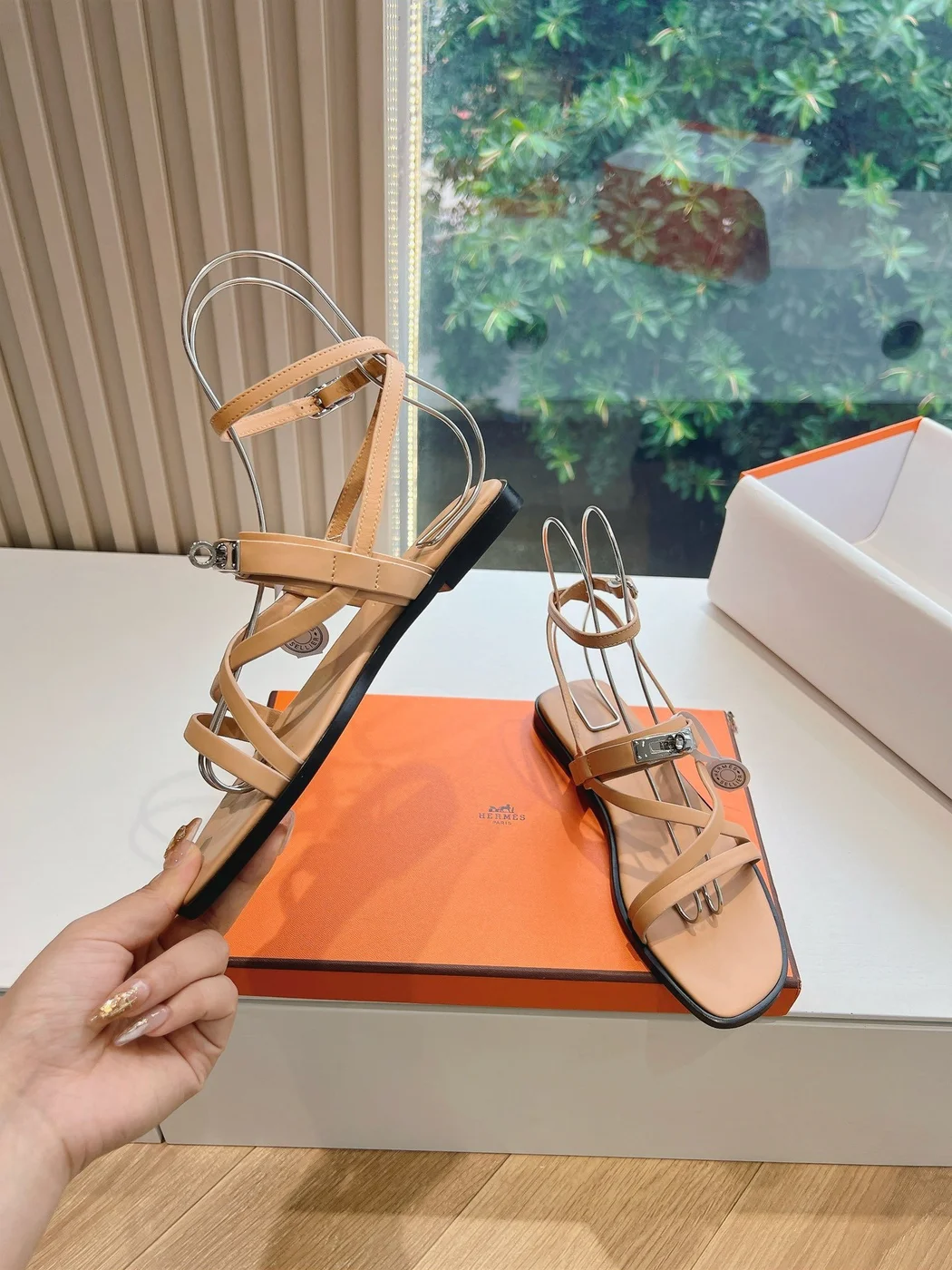 Hermès Women Beige Leather Strappy Sandals product view 6