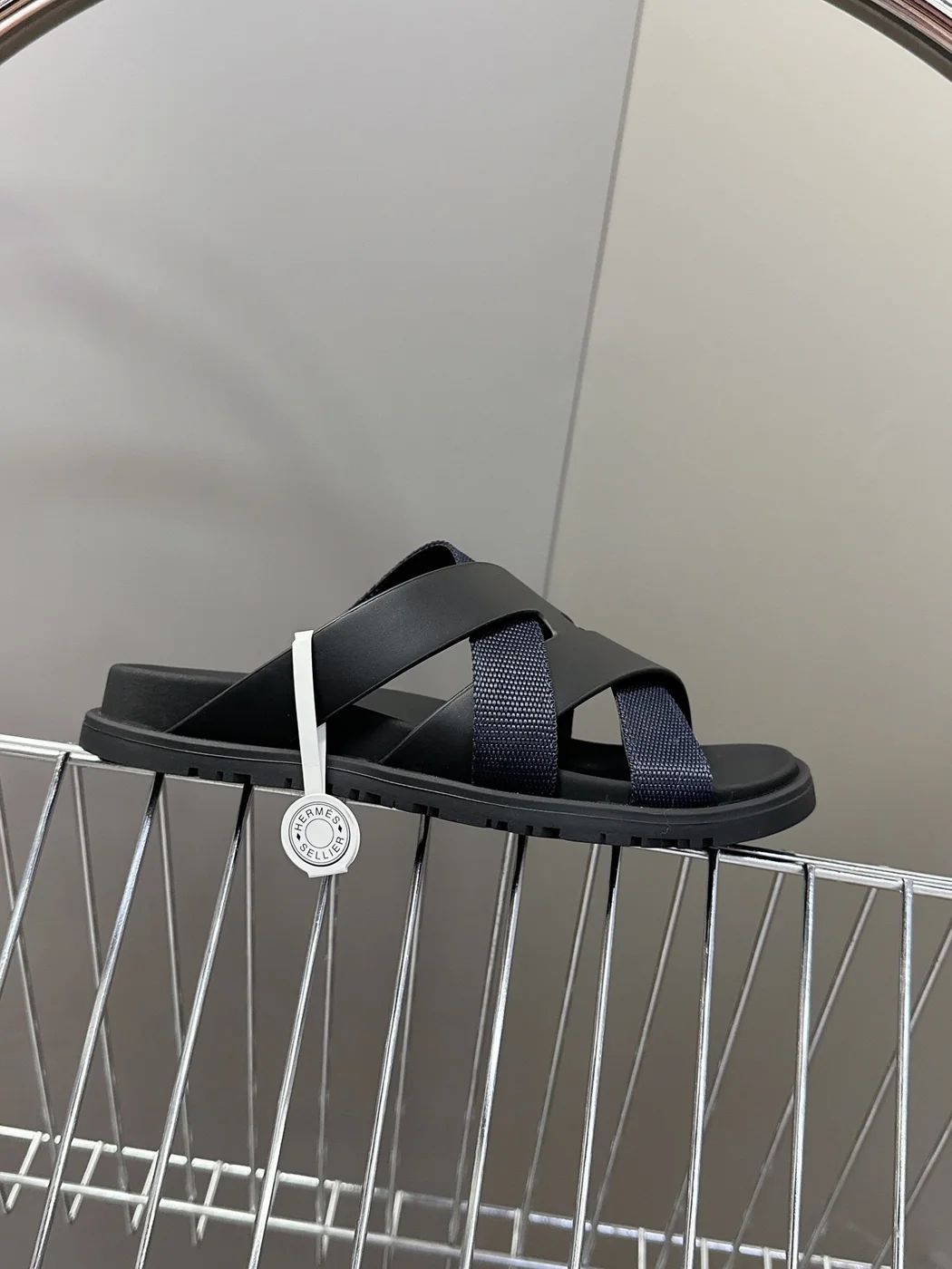 Hermès Women Navy Blue Leather And Fabric Sandals product view 6