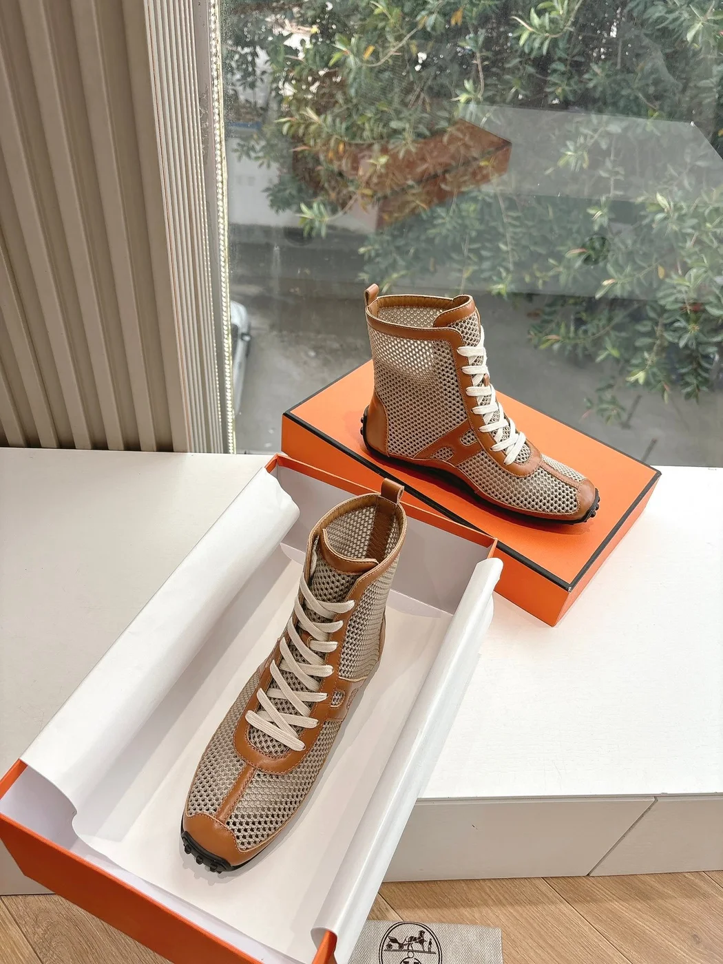 Hermès Women Beige Mesh And Brown Leather Sneakers product view 4