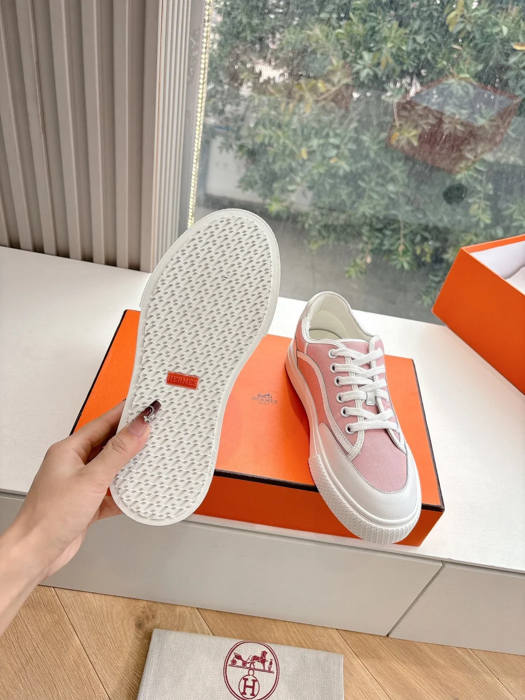 Hermès Women Pink Canvas And White Leather Sneakers product view 2