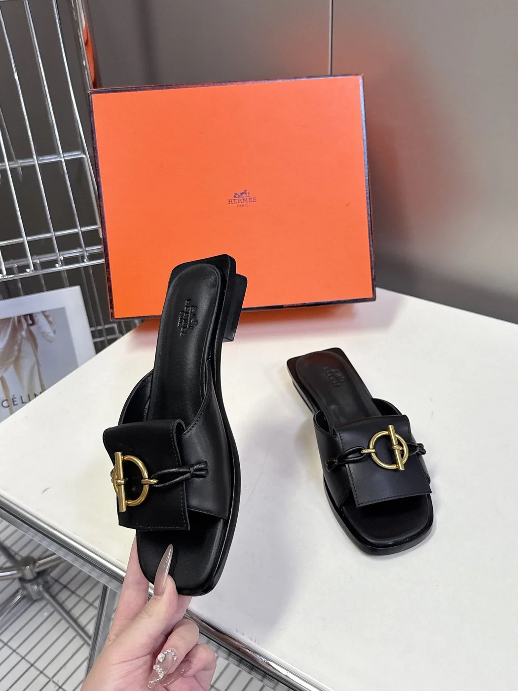 Hermès Women Black Leather Slippers product view 5