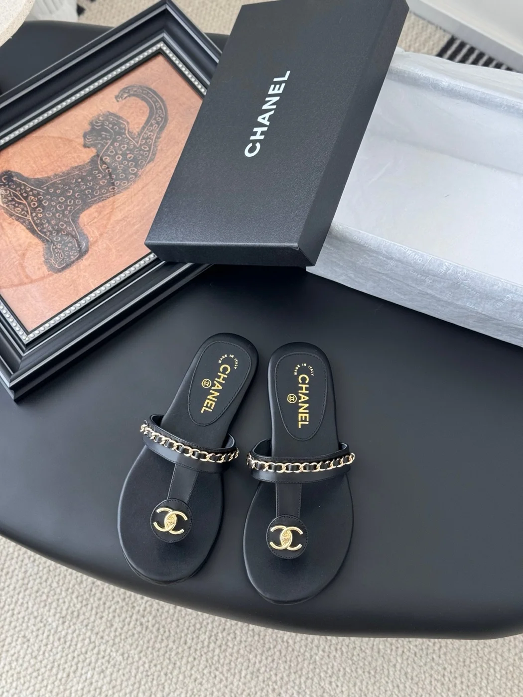 Chanel Women Black Leather Chain Detail Sandals product view 1