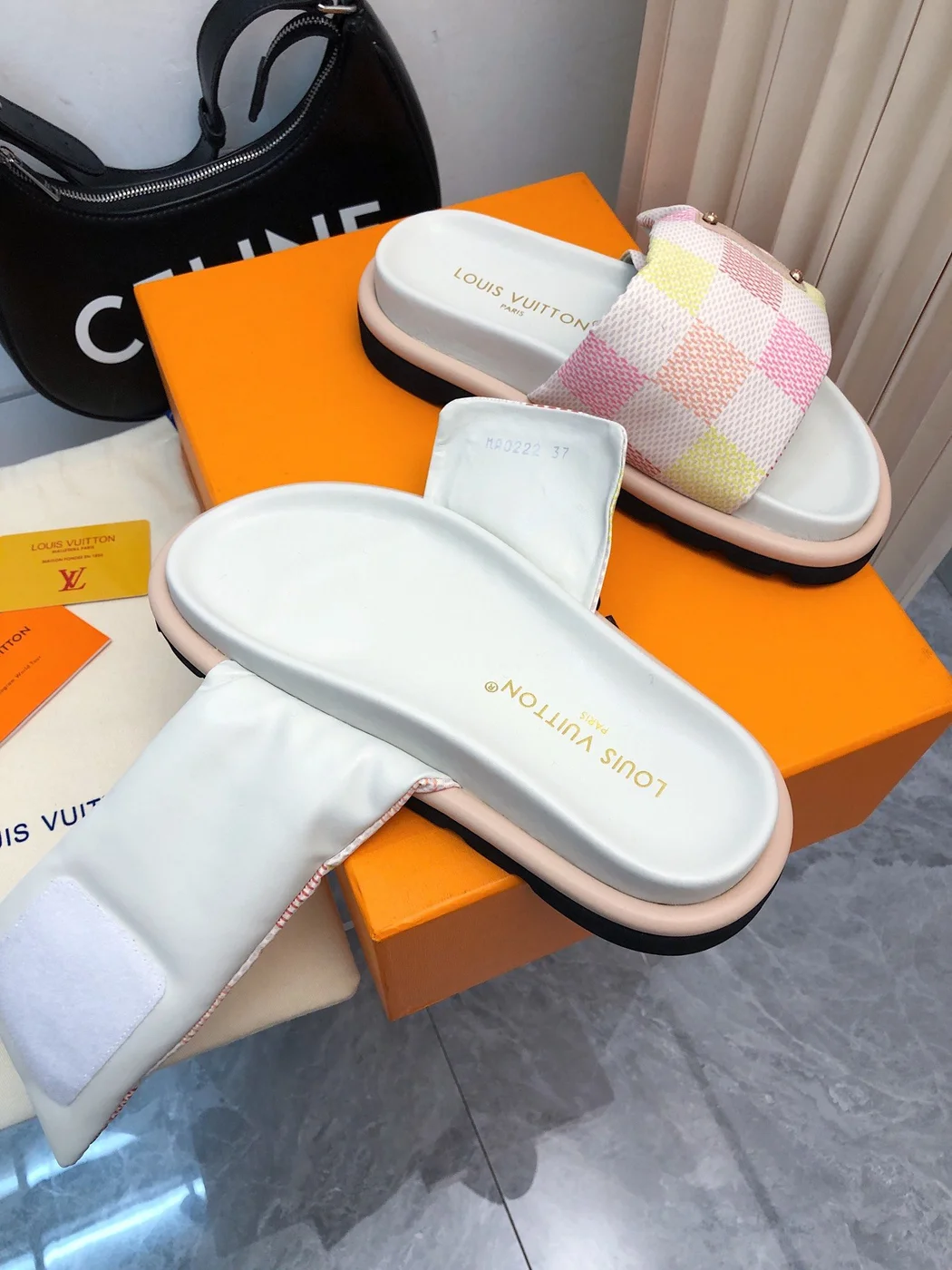 Louis Vuitton Women Pastel Checkered Fabric White Slide Sandals product view 2