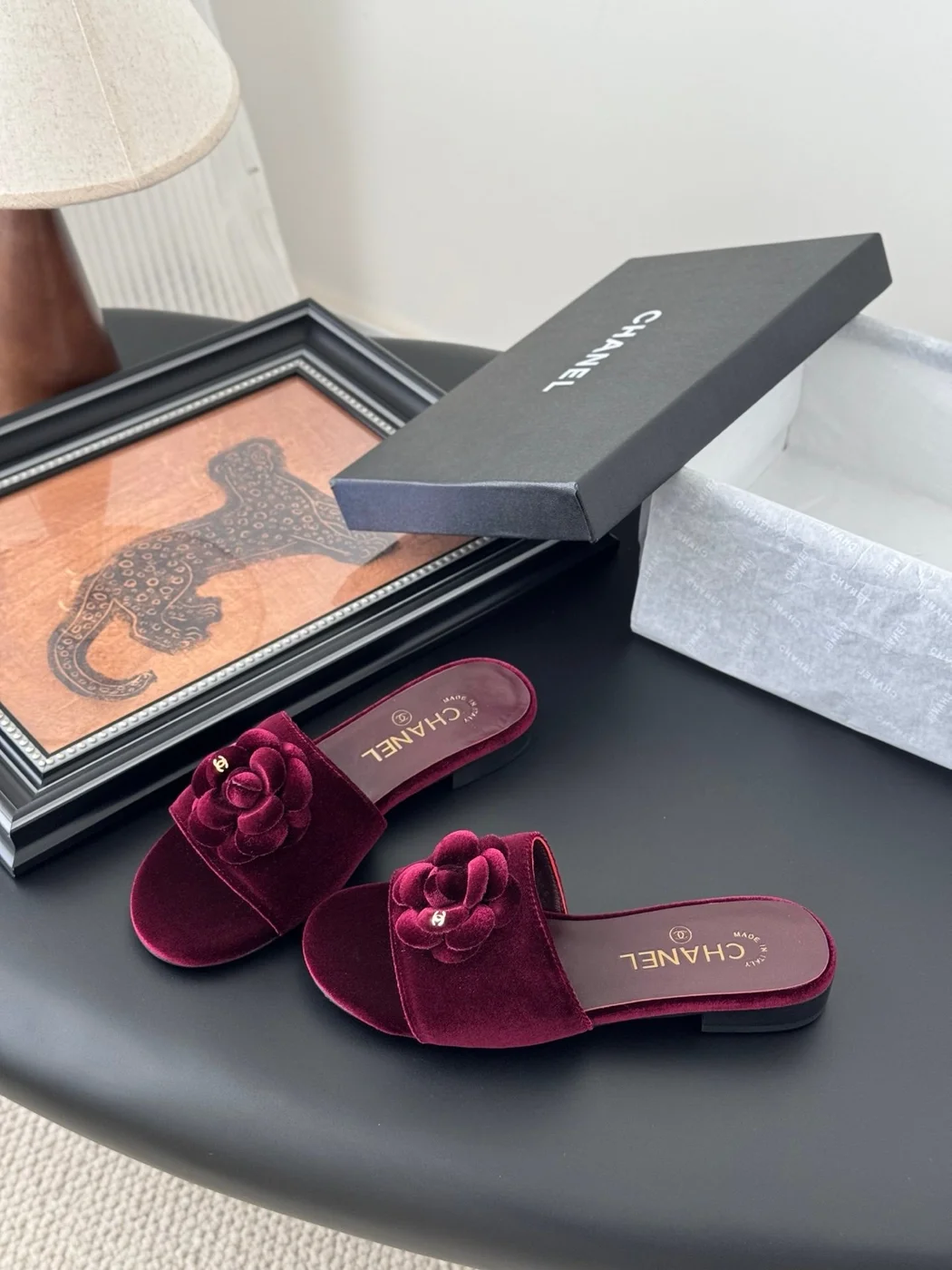 Chanel Women Burgundy Velvet Slides product view 2