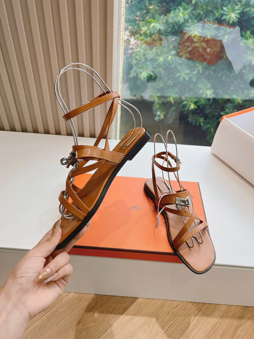 Hermès Women Tan Leather Strappy Sandals product view 6