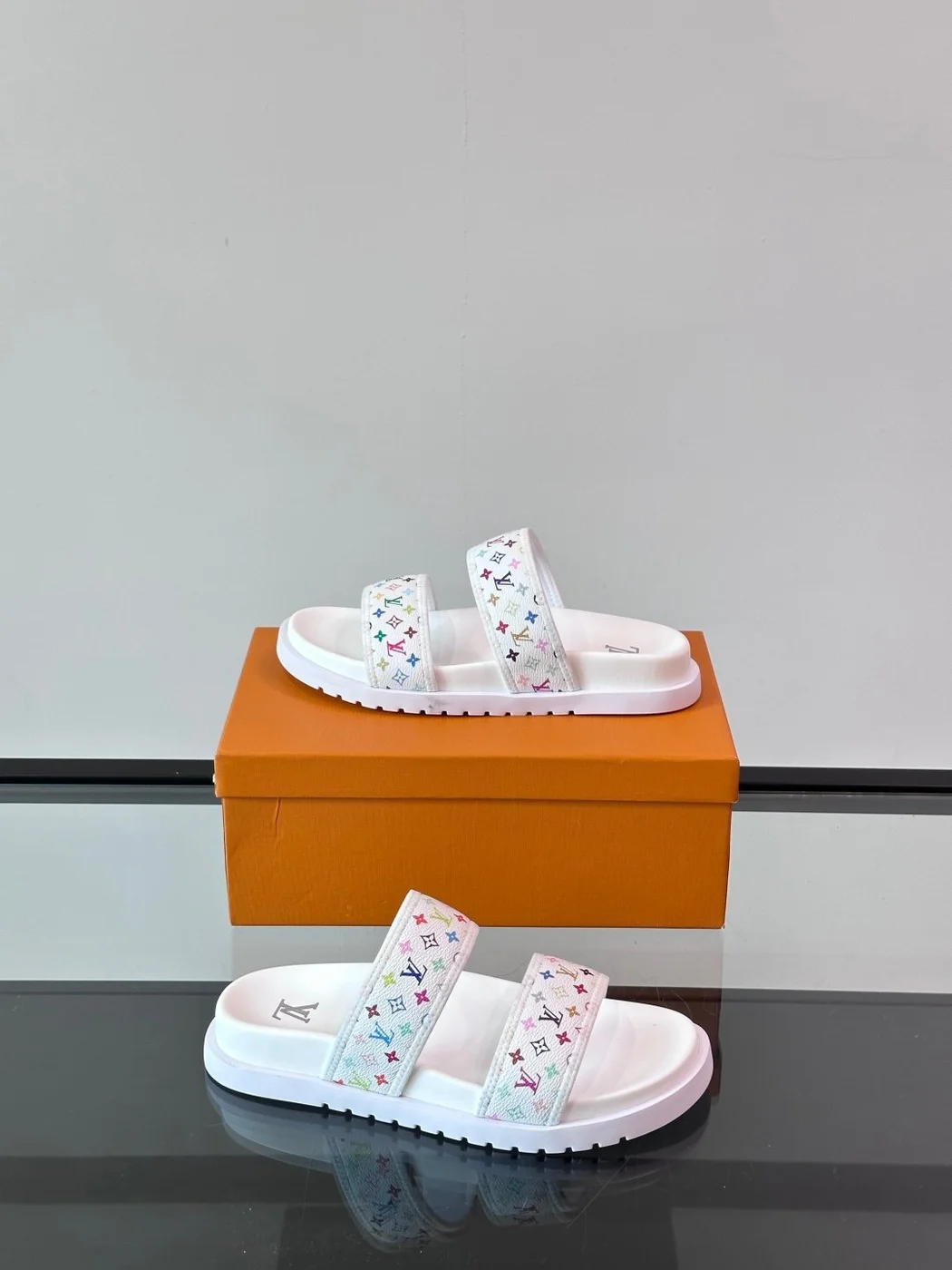 Louis Vuitton Men White Canvas Multicolor Logo Slides product view 5