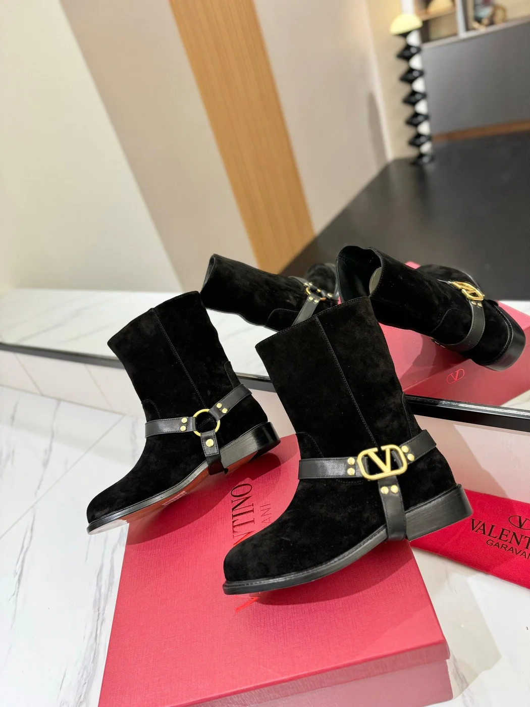 Valentino Women Black Suede Leather Strap Boots product view 2