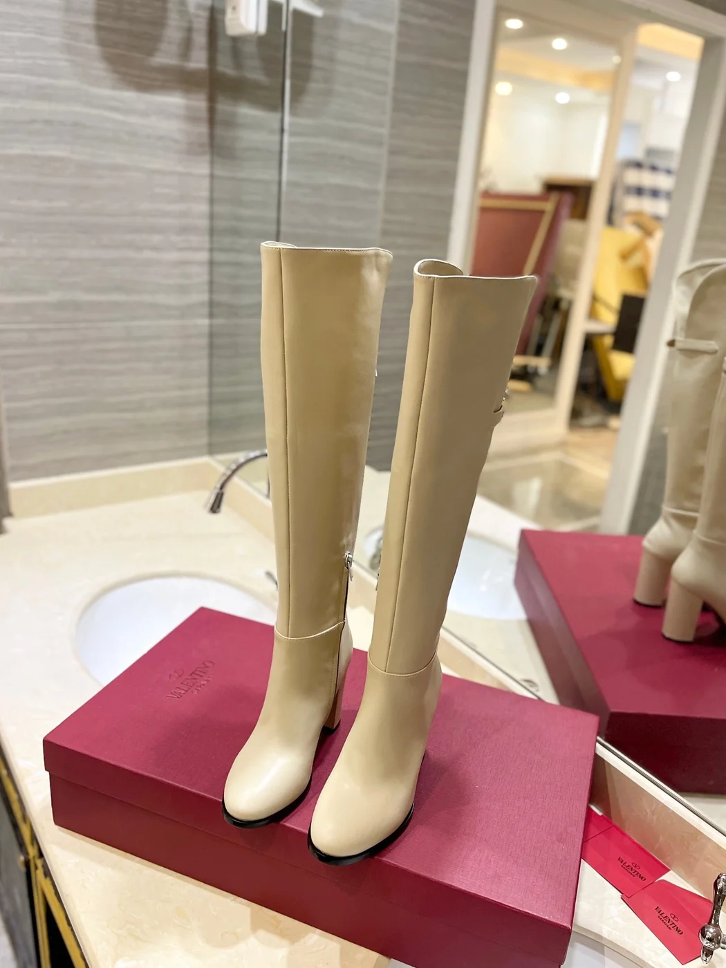 Valentino Women Beige Leather Knee High Boots product view 5
