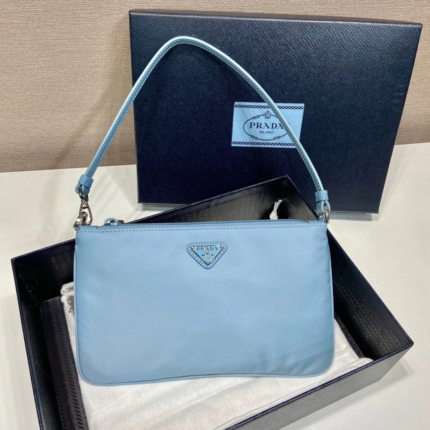 Prada Shoulder Bag 24 With Triangle Logo In Sky Blue Re-Nylon Fabric product view 2
