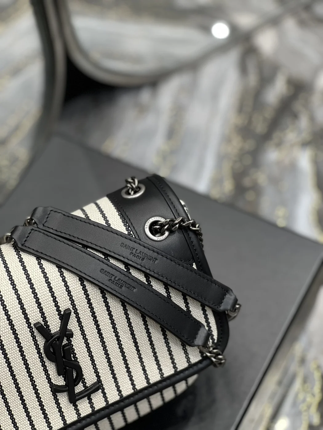 Saint Laurent Cotton Canvas Striped Vintage Calfskin Monogram Medium Niki Chain Satchel Bag product view 5