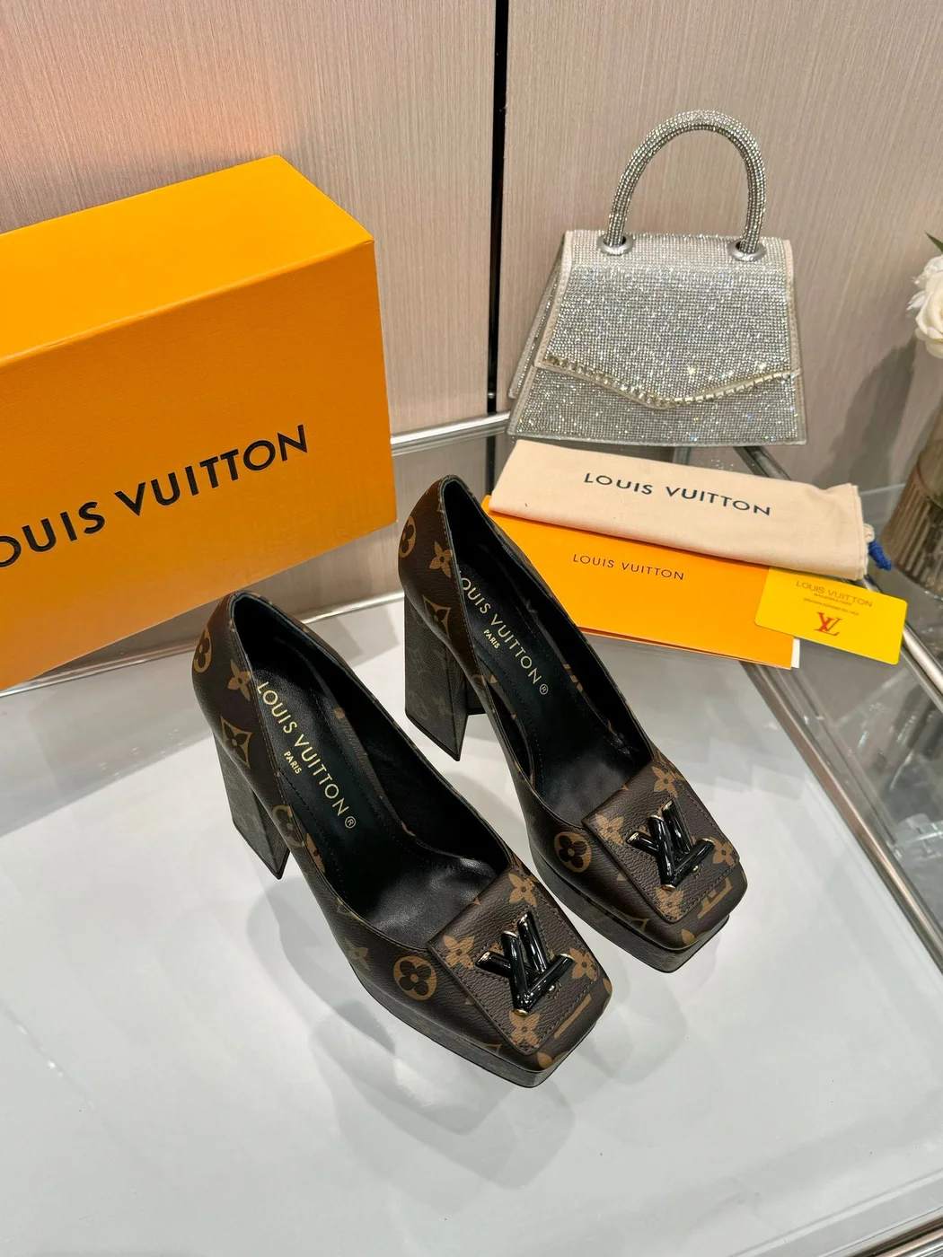 Louis Vuitton Women Brown Leather Platform Heels product view 2