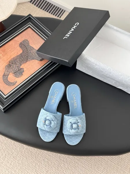 Chanel Women Light Blue Fabric Floral Slide Sandals product view 1