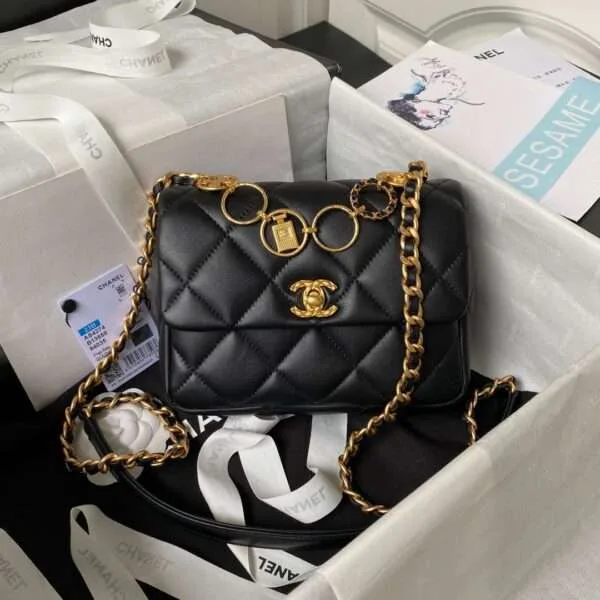 Chanel Smooth Black Leather Handbags Demi Lock Black Gold 13x17x6cm product view 1