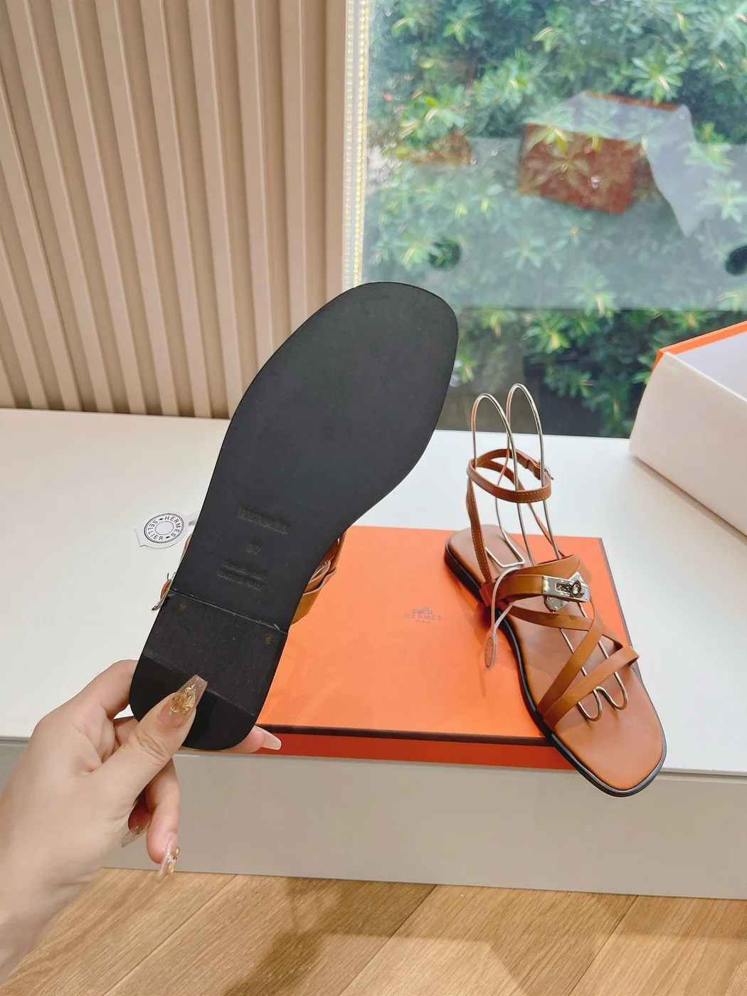 Hermès Women Tan Leather Strappy Sandals product view 2