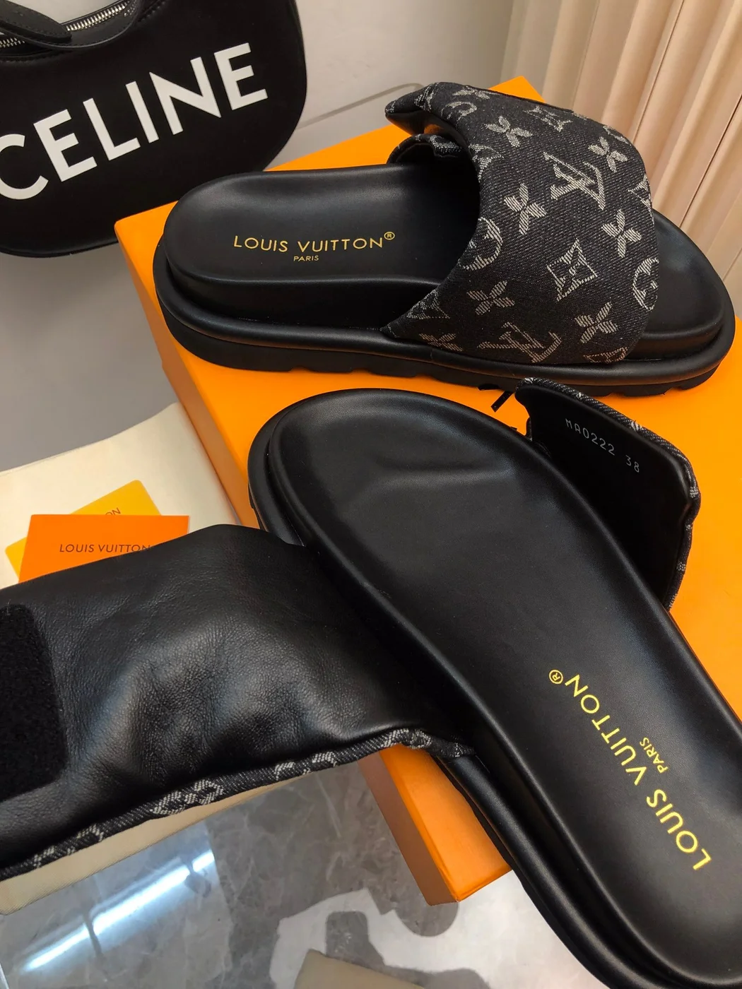 Louis Vuitton Women Black Canvas Monogram Slide Sandals product view 2