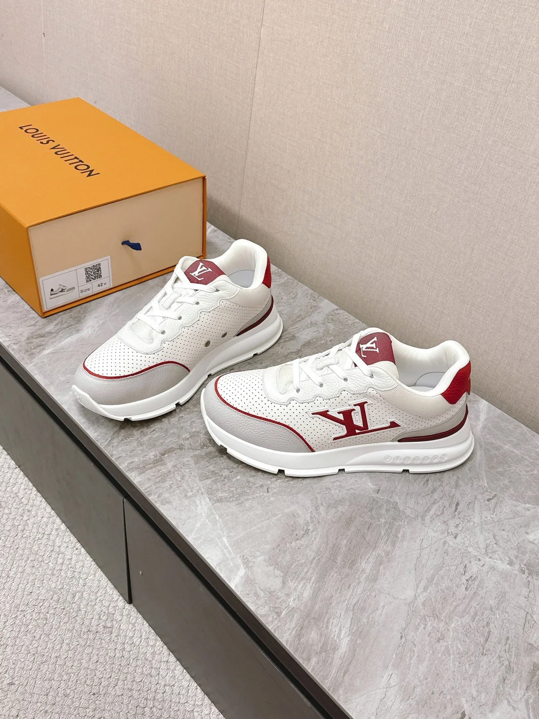 Louis Vuitton Women White Leather Red Accent Sneakers product view 3