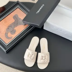 Chanel Women Cream Leather Flower Detail Slides product view 1