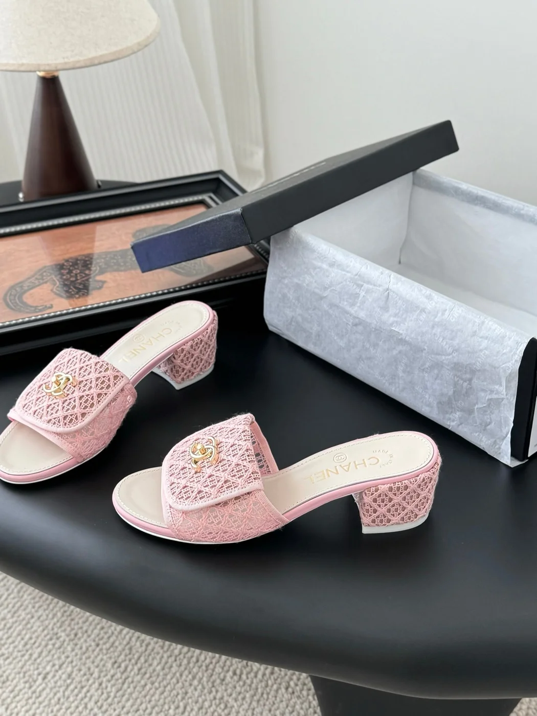 Chanel Women Pink Woven Leather Slides product view 2