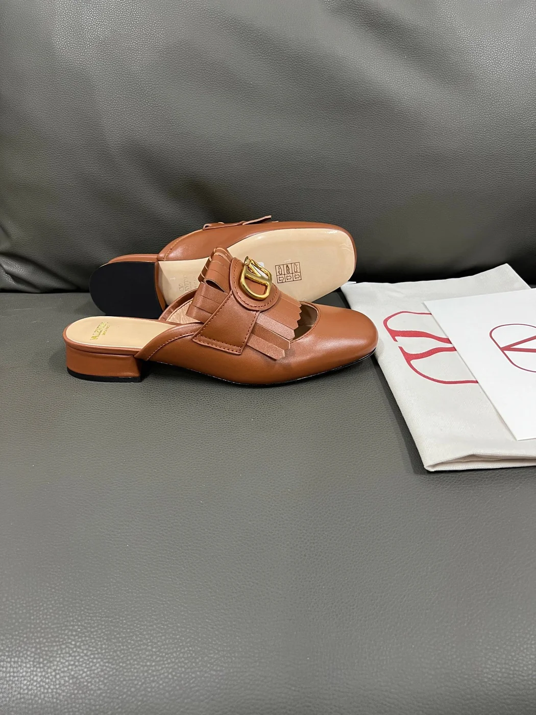 Valentino Women Brown Leather Fringe Mules product view 2