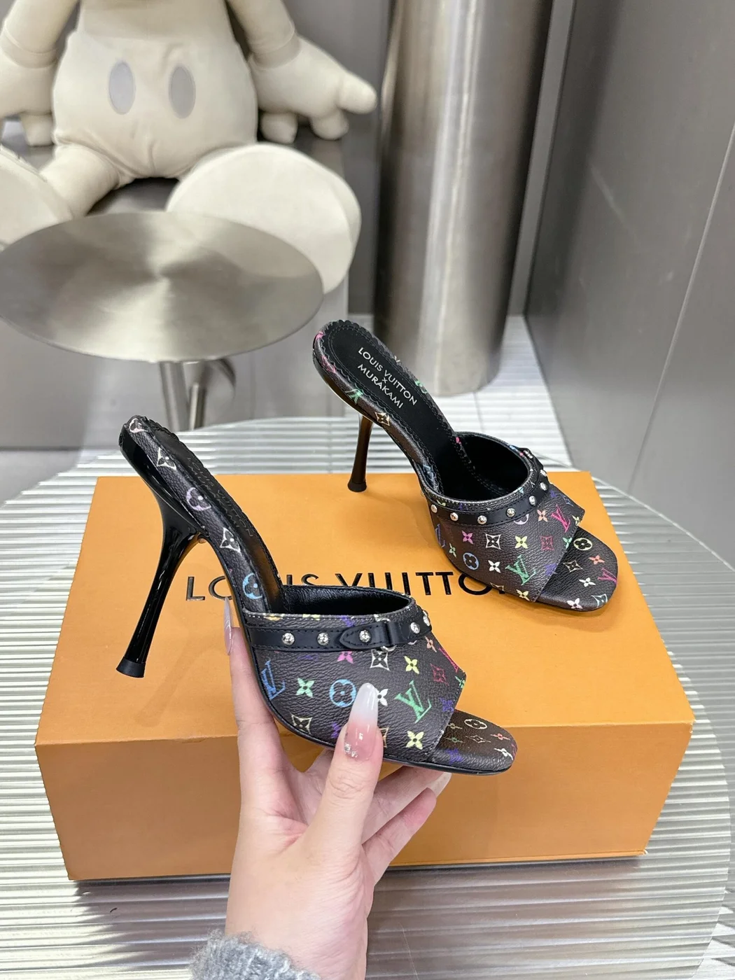 Louis Vuitton Women Black Leather Multicolor Logo Mules product view 6