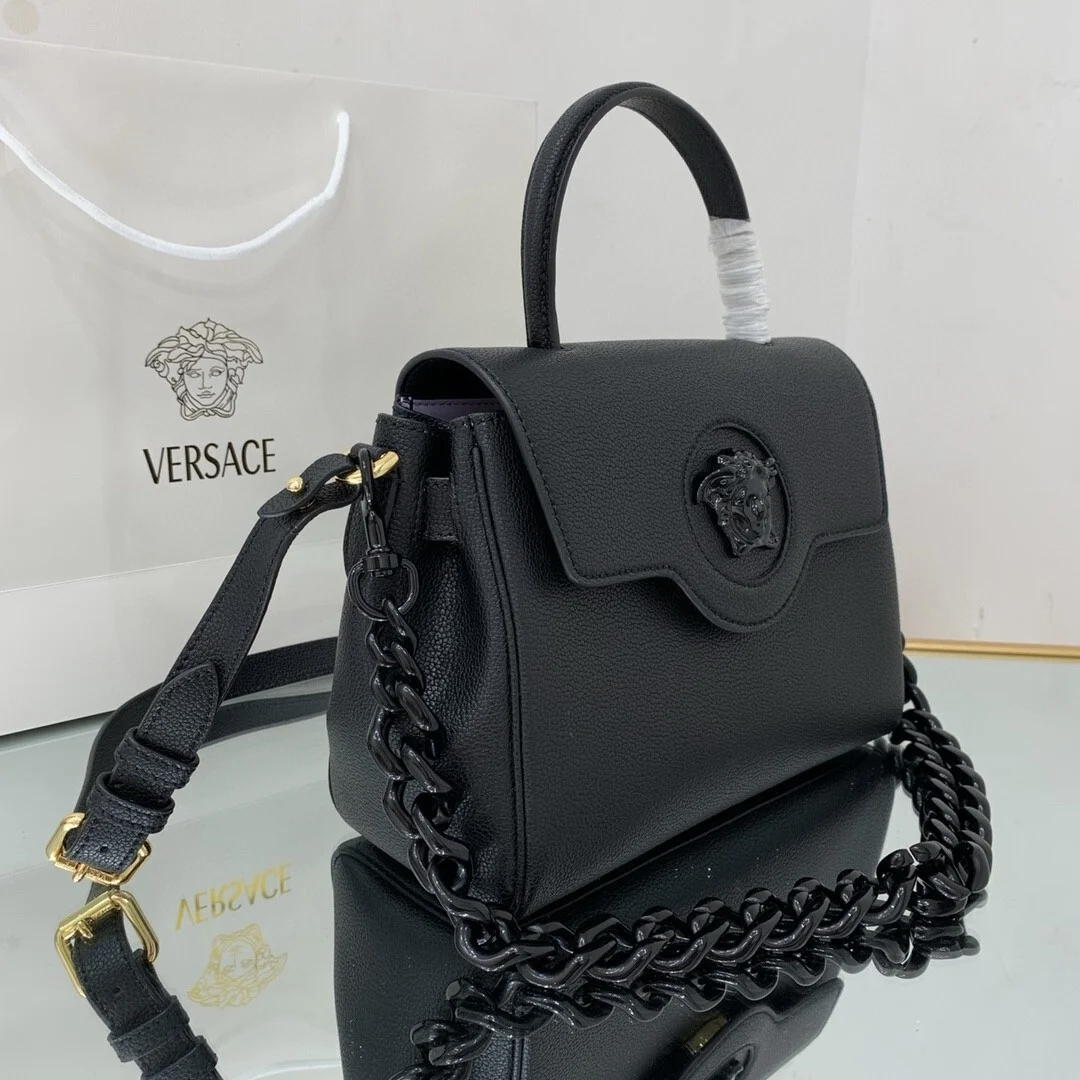 Versace La Medusa medium top handle bag in black grained leather product view 6