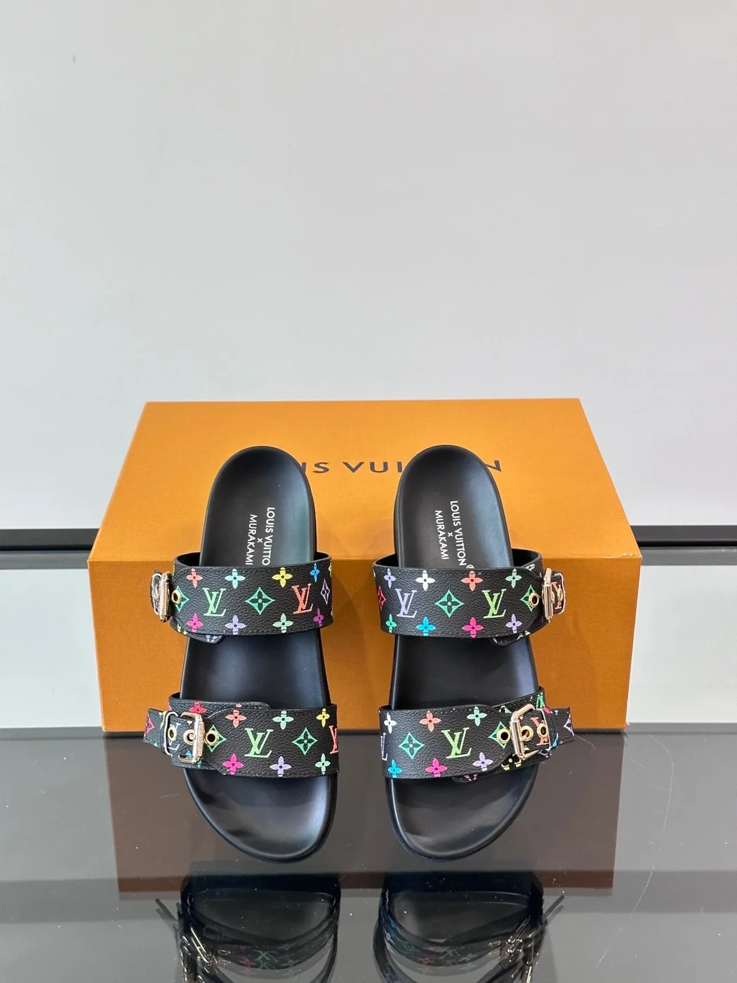 Louis Vuitton Men Black Leather Multicolor Monogram Slides product view 6