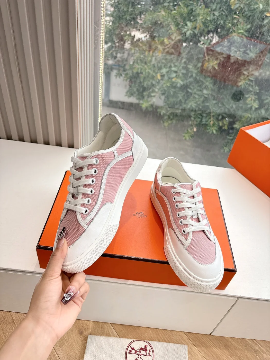 Hermès Women Pink Canvas And White Leather Sneakers product view 6