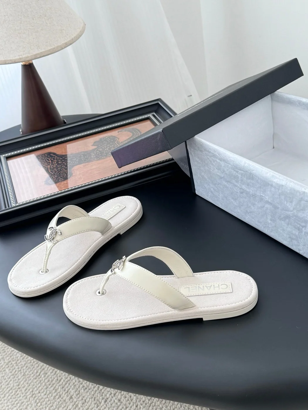 Chanel Women White Leather Thong Sandals product view 2