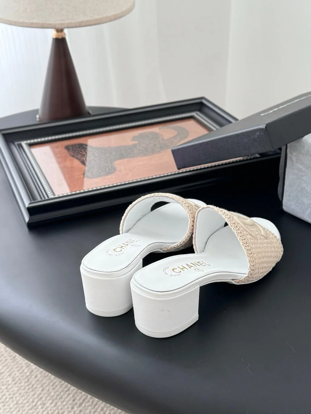 Chanel Women Beige Woven Fabric Slides product view 3