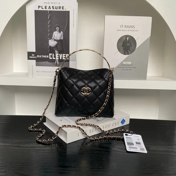 Chanel 24A Hobo Handbag in black quilted caviar leather product view 1