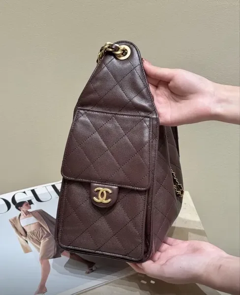Chanel 25 Small Handbag Grained Calfskin  Gold-Tone Metal Brown product view 3
