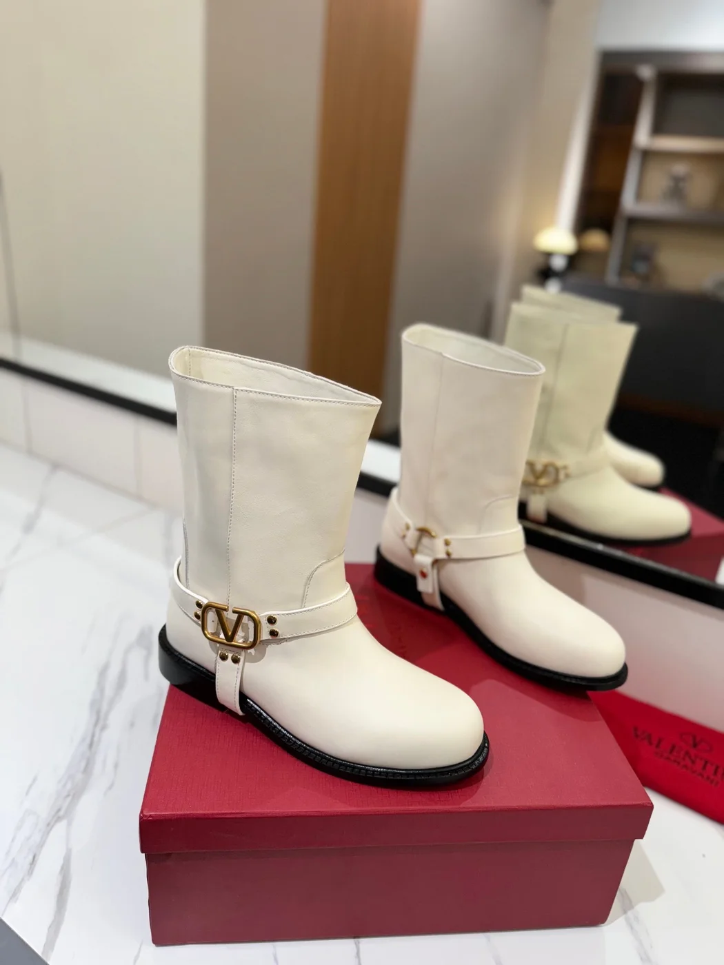 Valentino Women White Leather Mid-Calf Boots product view 1