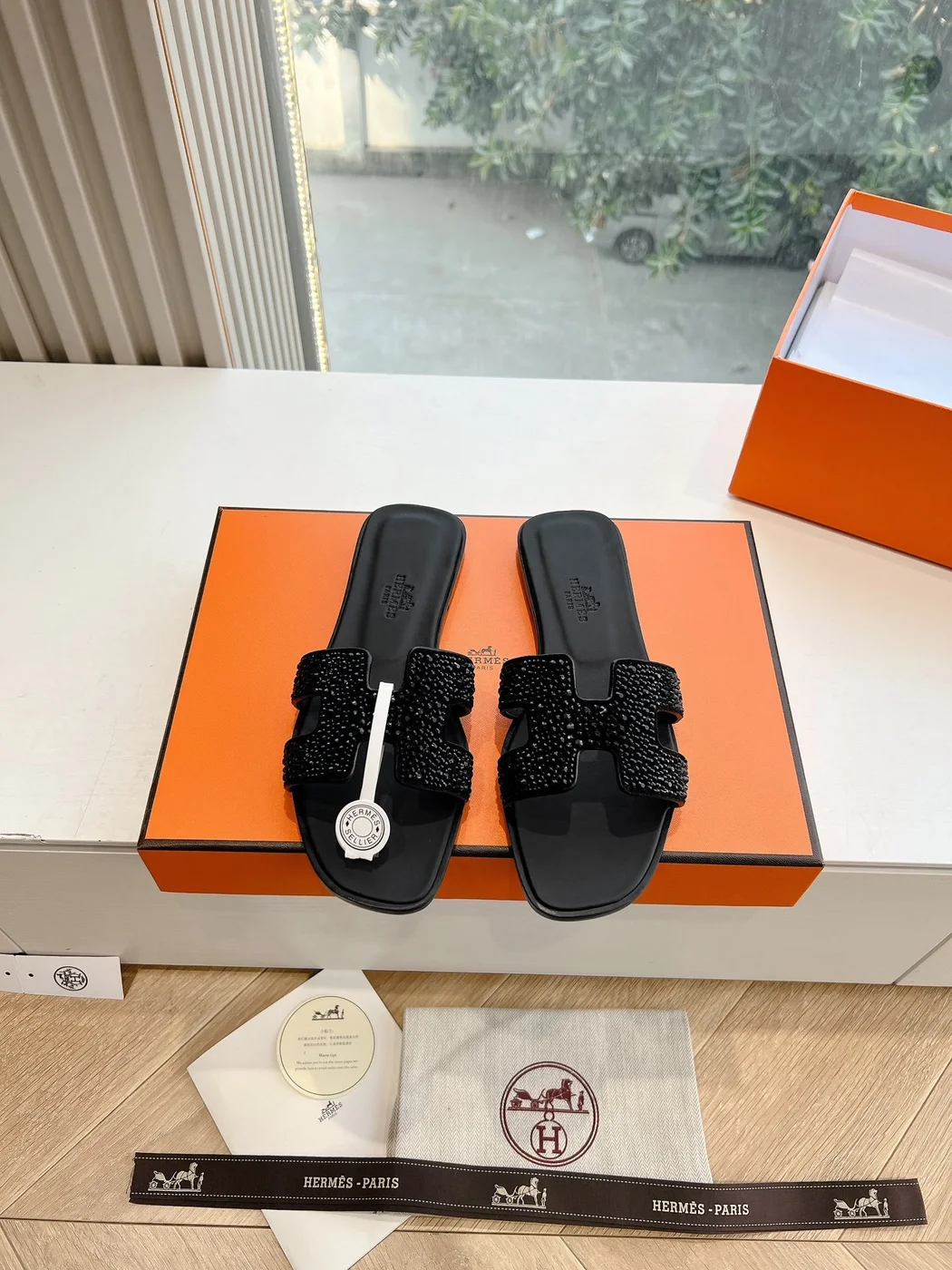 Hermès Women Black Leather Embellished Slippers product view 1