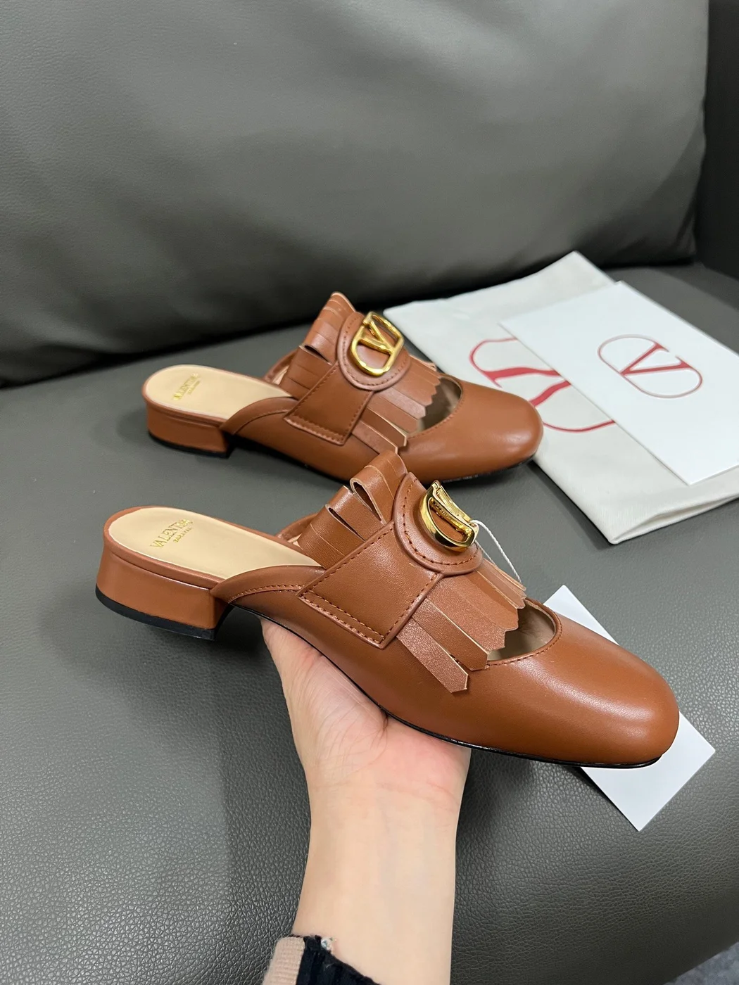 Valentino Women Brown Leather Fringe Mules product view 6