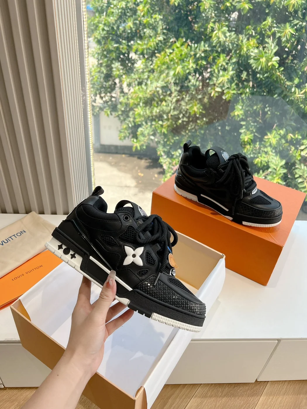 Louis Vuitton Women Black Leather Mesh Sneakers product view 1