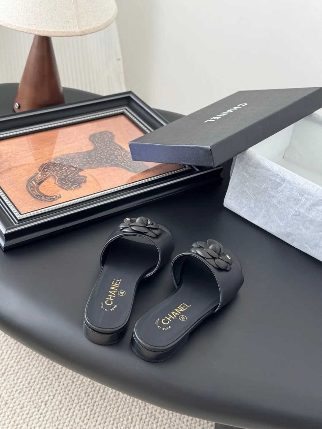 Chanel Women Black Leather Flower Detail Slides product view 5