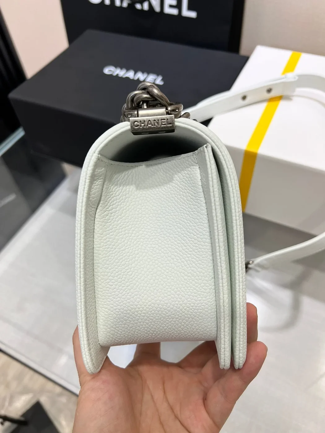Chanel Boy Bag Medium 25 White Caviar Ruthenium Hardware product view 6