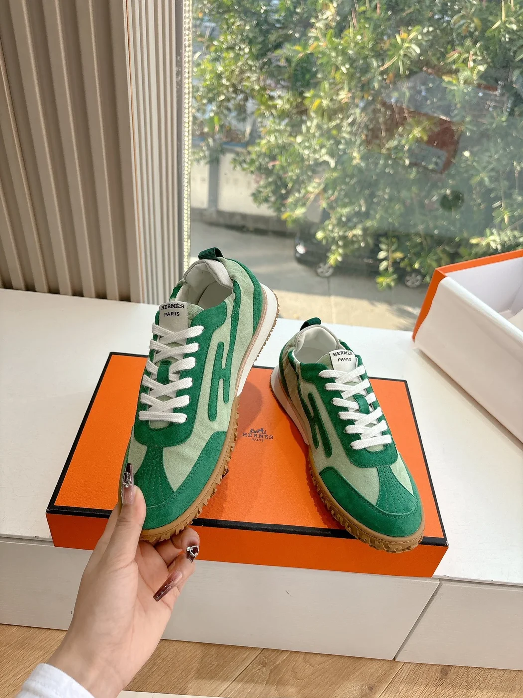 Hermès Women Green Suede Canvas Sneakers product view 6