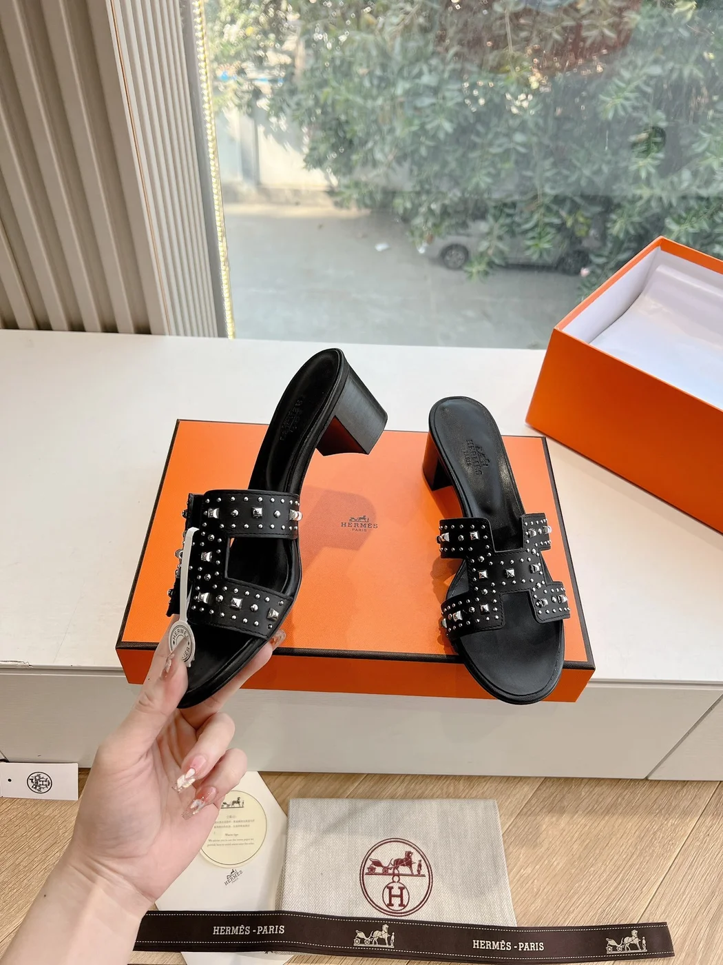 Hermès Women Black Leather Studded Mules product view 6