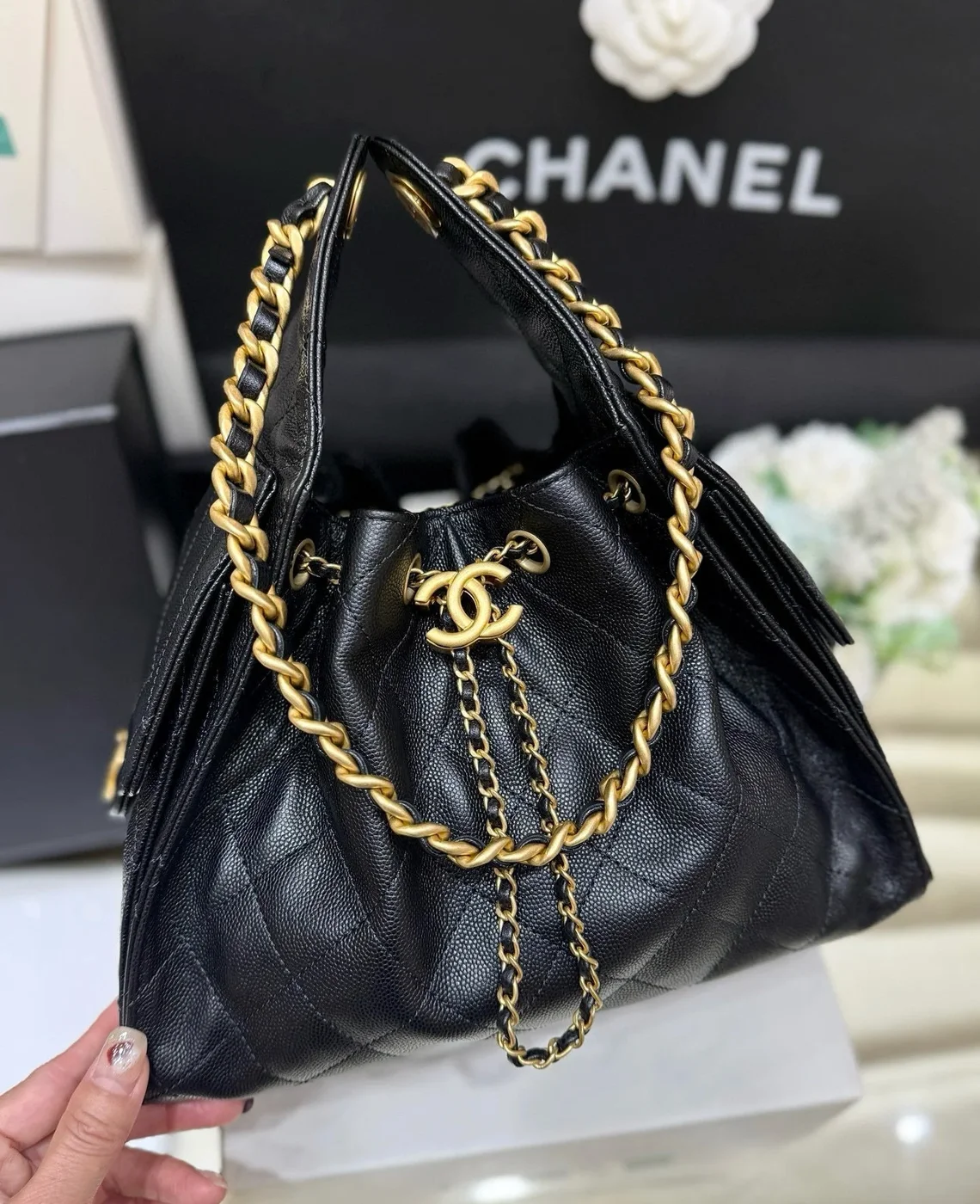 Chanel 25 Small Black Caviar Gold Hardware Bag product view 2