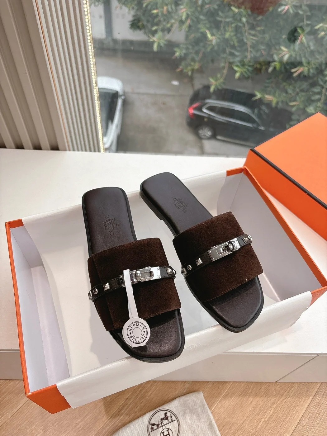 Hermès Women Dark Brown Suede Leather Strap Mules product view 3