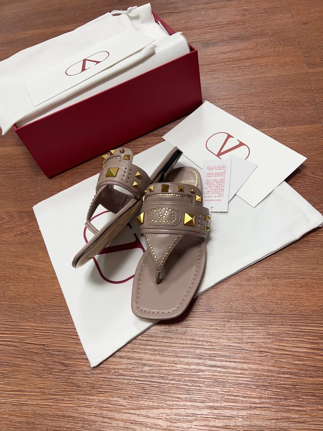 Valentino Women Taupe Leather Studded Sandals product view 3