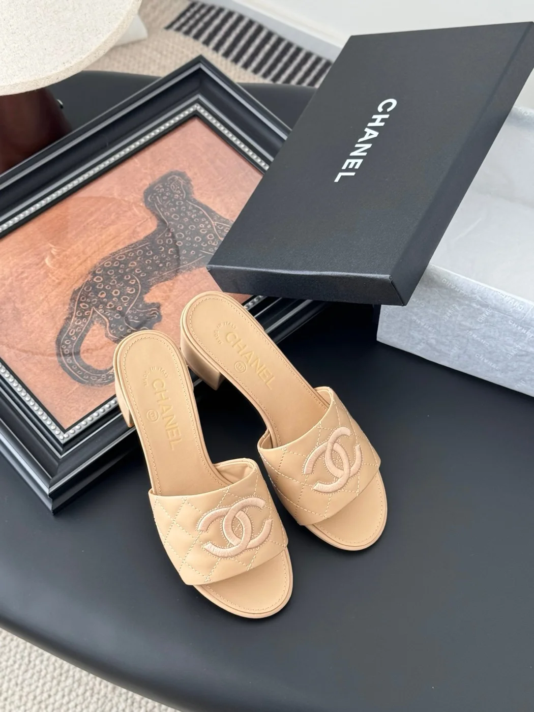 Chanel Women Beige Leather Quilted Slides product view 6
