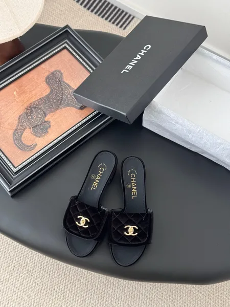 Chanel Women Black Quilted Velvet Slides product view 1