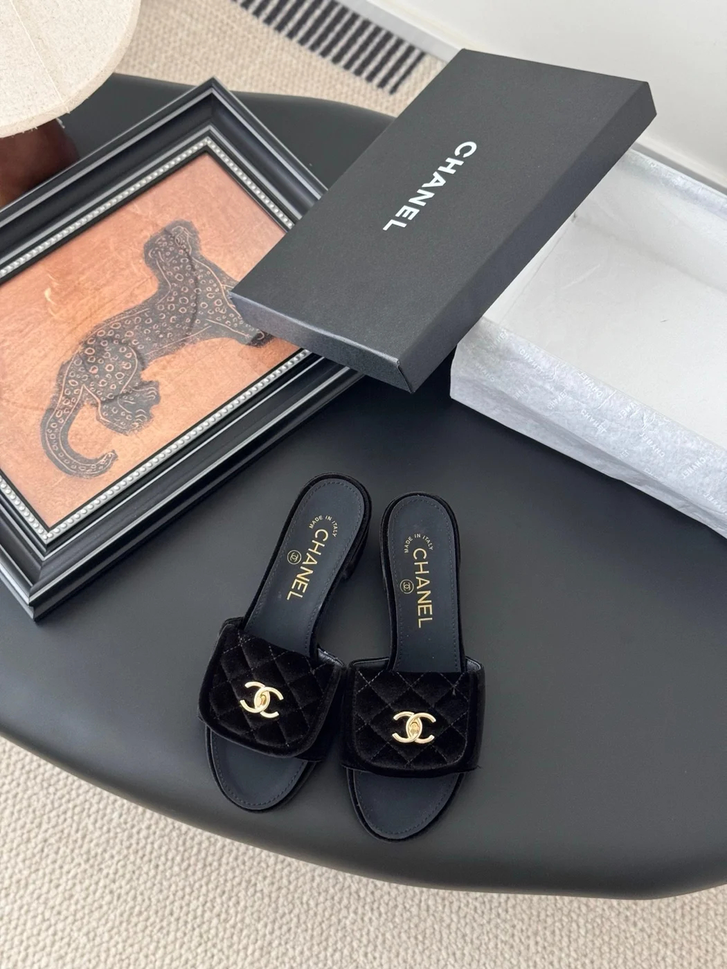 Chanel Women Black Quilted Velvet Slides product view 1