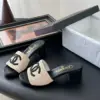 Chanel Women Beige Woven Fabric Black Leather Slides product view 2