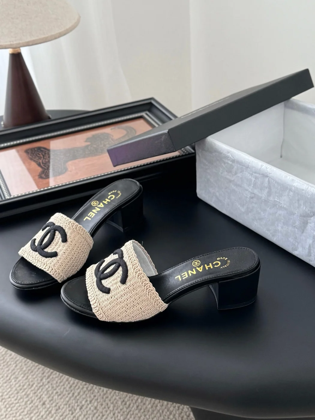 Chanel Women Beige Woven Fabric Black Leather Slides product view 2