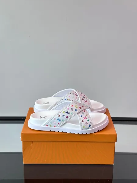 Louis Vuitton Men White Multicolor Leather Slides product photo
