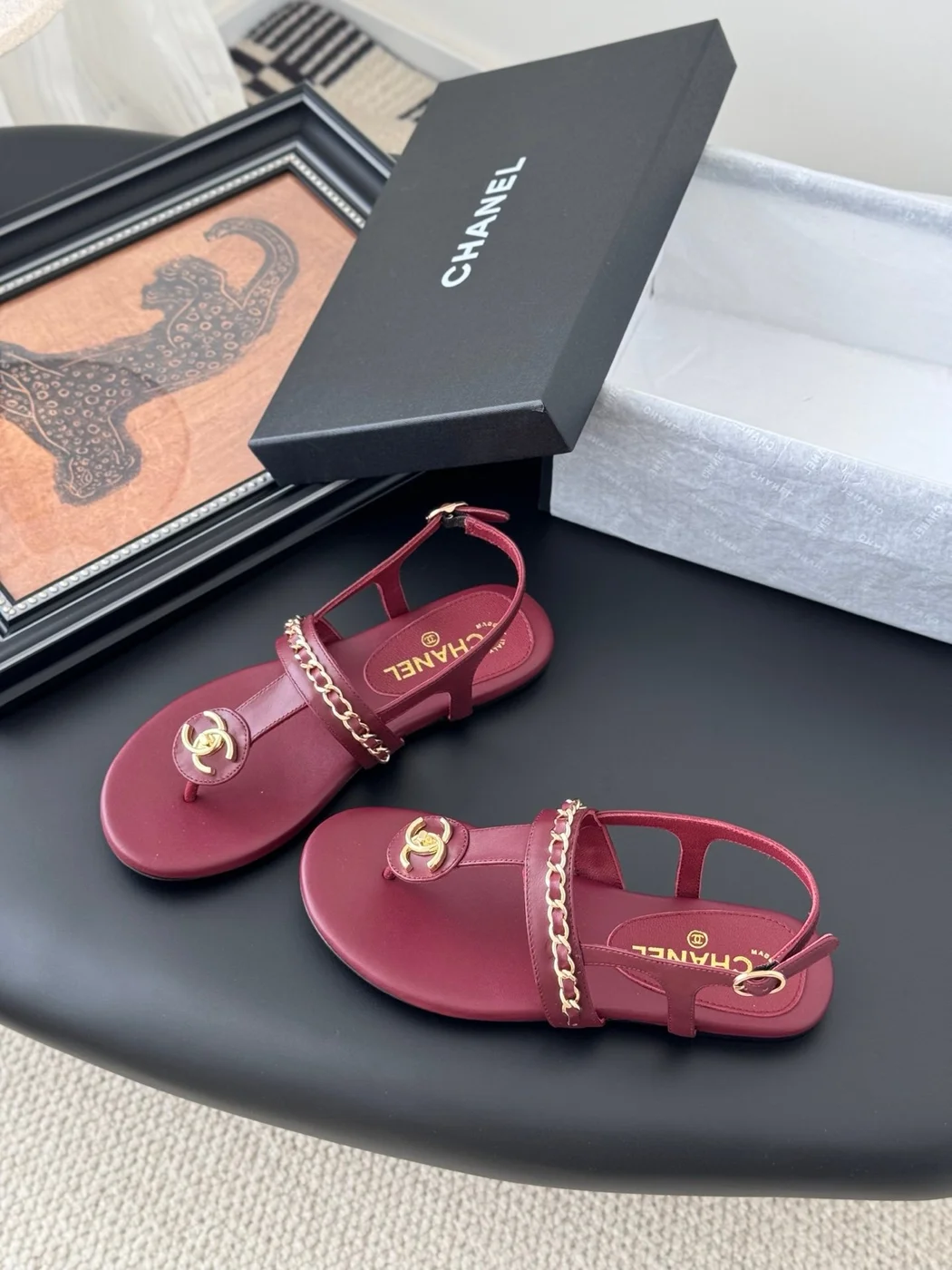 Chanel Women Burgundy Leather Sandals product view 2