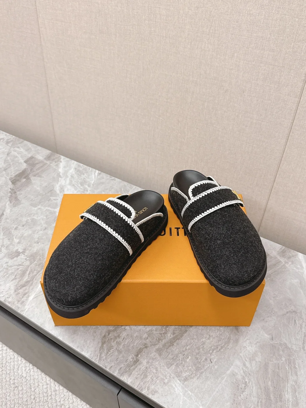 Louis Vuitton Women Black Felt Leather Trim Mules product view 6